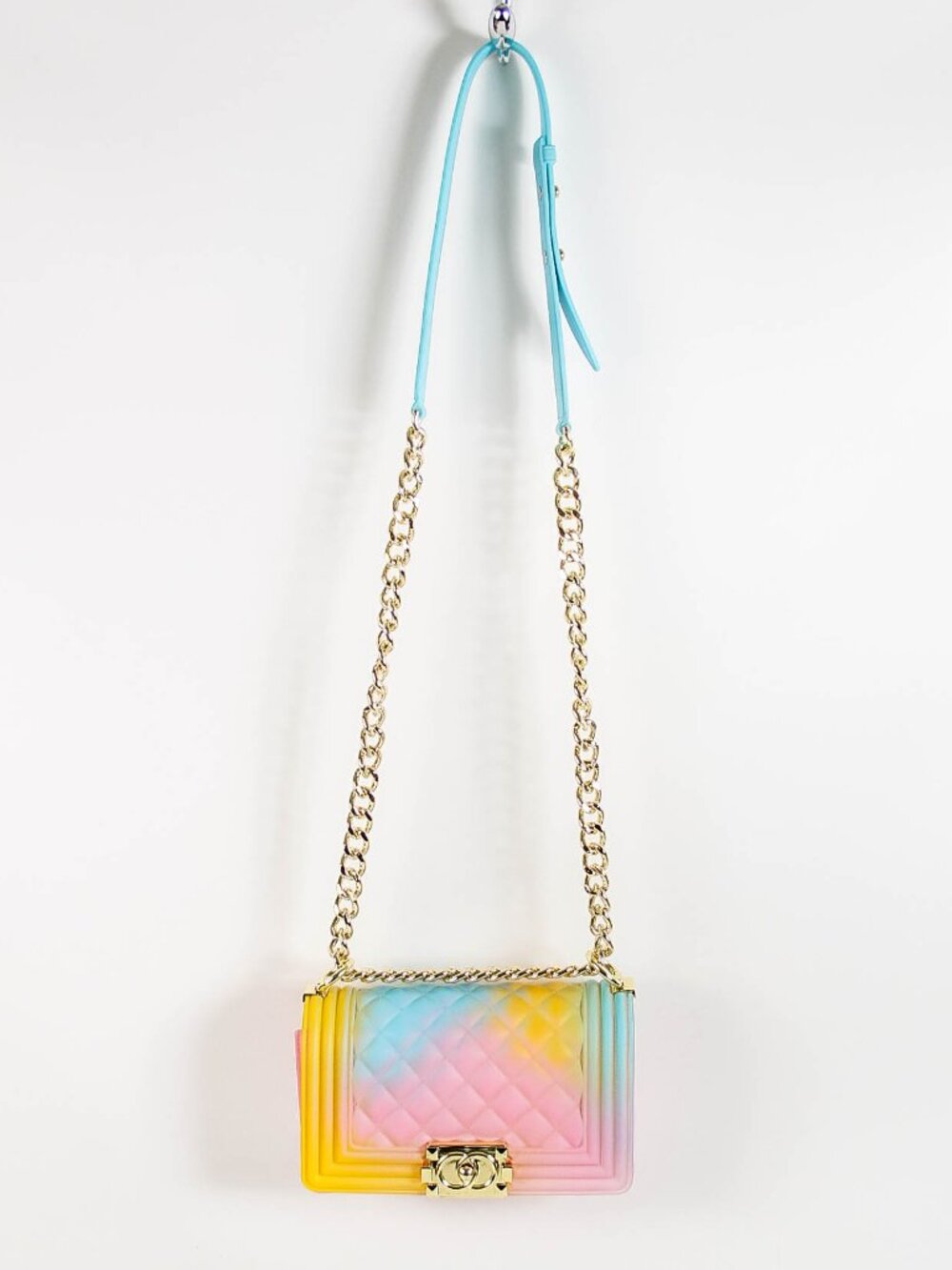 Pastel Rainbow Jelly Crossbody Bag Gold Chain Strap Quilted Candy Color Purse - Picture 2 of 8